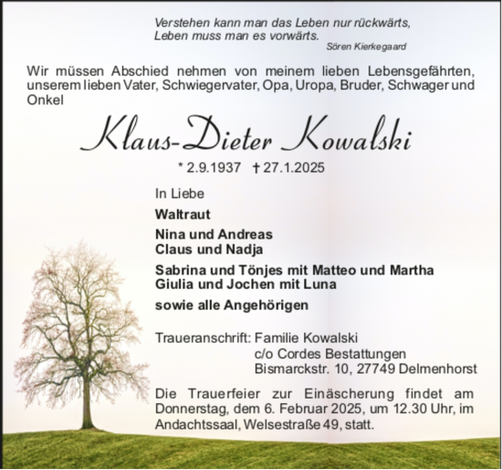 Todesanzeige von Klaus-Dieter Kowalski von Trauer.de