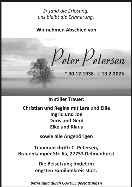 Todesanzeige von Peter Petersen von trauer.de
