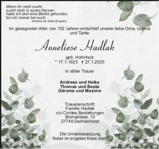 Todesanzeige von Anneliese Hadlak von Trauer.de