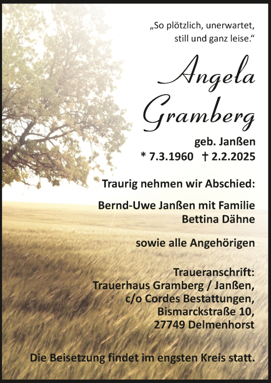 Todesanzeige von Angela Gramberg von Trauer.de