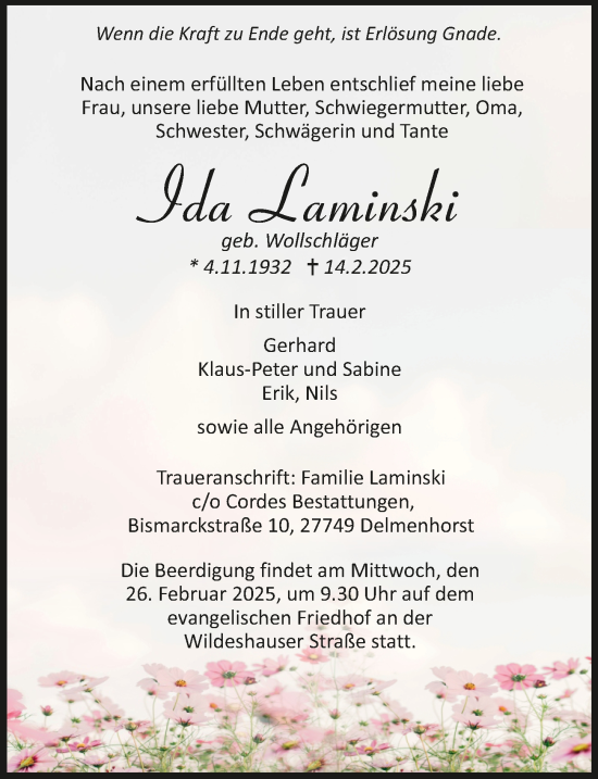 Todesanzeige von Ida Laminski von trauer.de