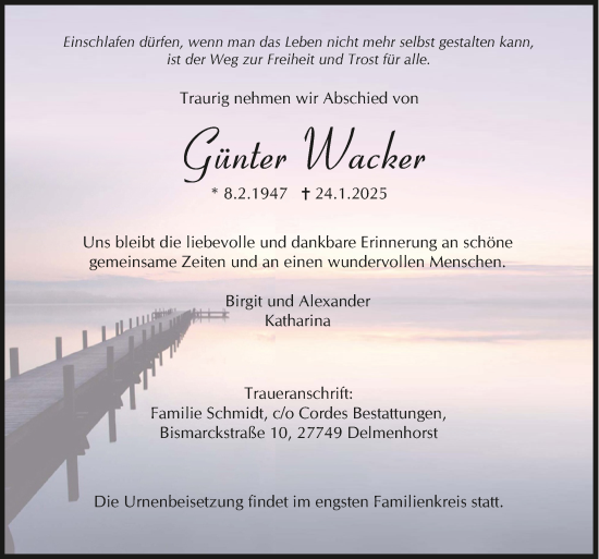 Todesanzeige von Günter Wacker von Trauer.de