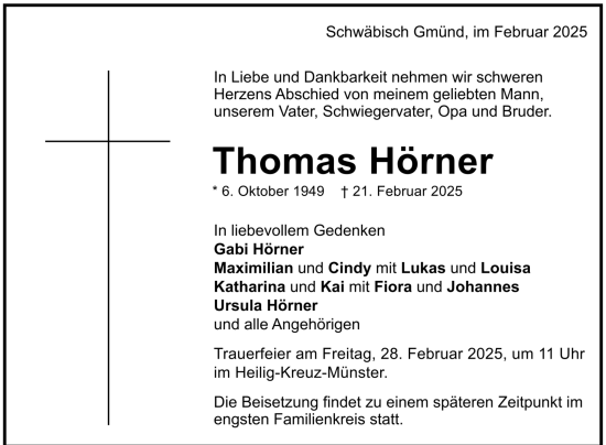 Todesanzeige von Thomas Hörner von trauer.de