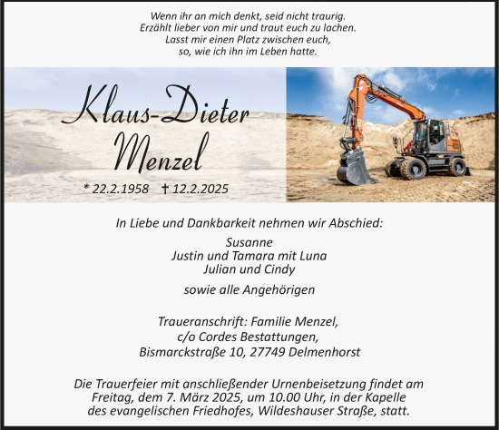 Todesanzeige von Klaus-Dieter Menzel von trauer.de