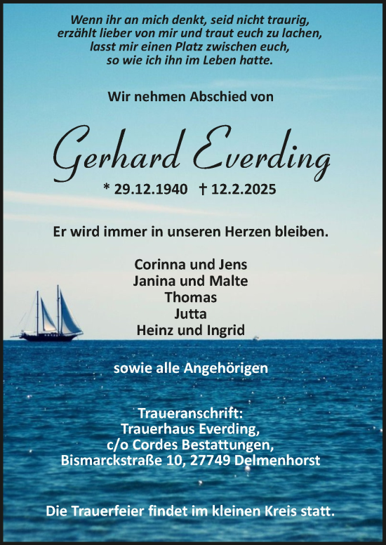 Todesanzeige von Gerhard Everding von Trauer.de
