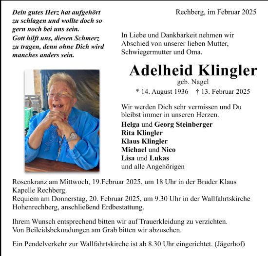 Todesanzeige von Adelheid Klingler von trauer.de