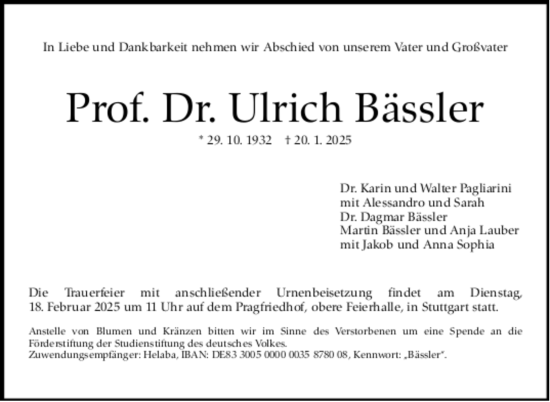 Todesanzeige von Ulrich Bässler von Trauer.de