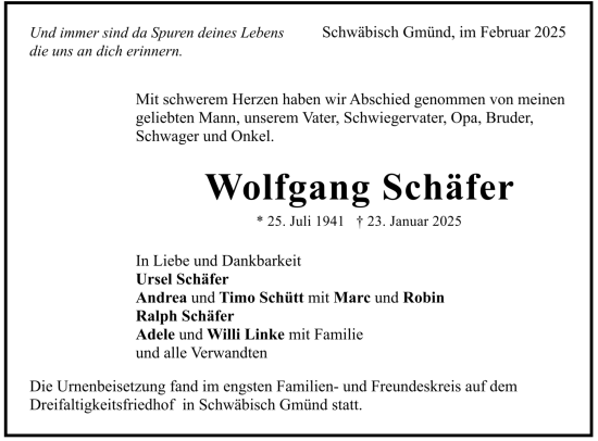 Todesanzeige von Wolfgang Schäfer von trauer.de