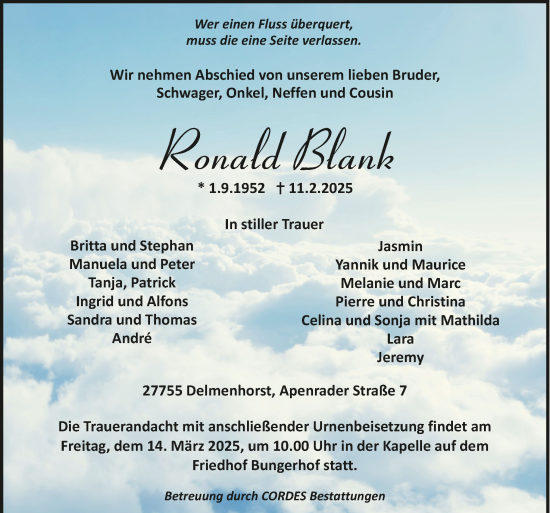 Todesanzeige von Ronald Blank von trauer.de