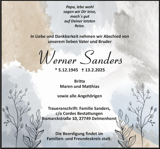 Todesanzeige von Werner Sanders von trauer.de