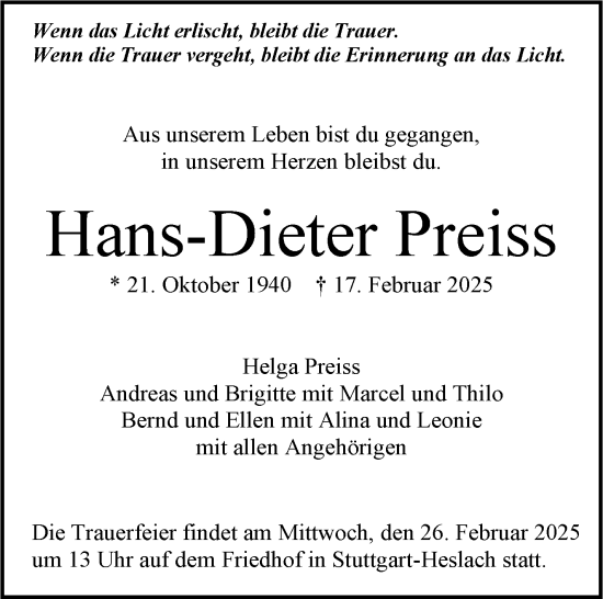 Todesanzeige von Hans-Dieter Preiss von trauer.de