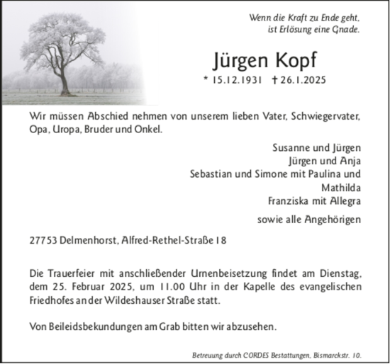 Todesanzeige von Jürgen Kopf von Trauer.de