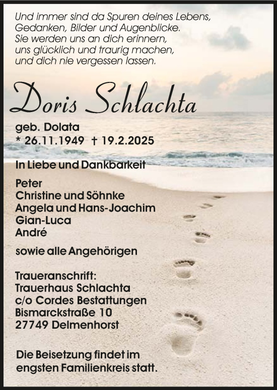 Todesanzeige von Doris Schlachta von trauer.de