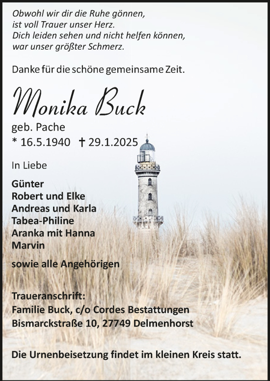 Todesanzeige von Monika Buck von Trauer.de