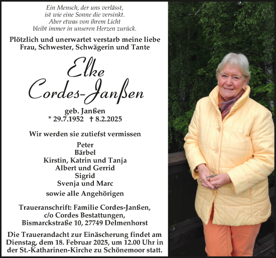 Todesanzeige von Elke Cordes-Janßen von Trauer.de