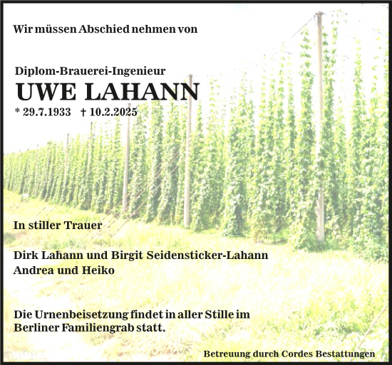 Todesanzeige von Uwe Lahann von Trauer.de