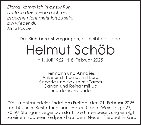 Todesanzeige von Helmut Schöb von Trauer.de