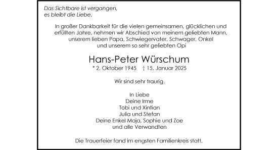 Todesanzeige von Hans-Peter Würschum von trauer.de