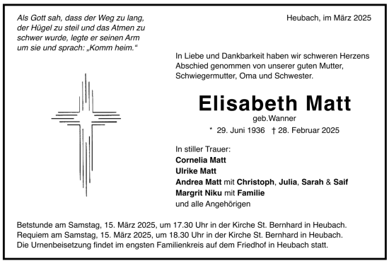 Todesanzeige von Elisabeth Matt von trauer.de