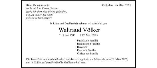Todesanzeige von Waltraud Völker von trauer.de