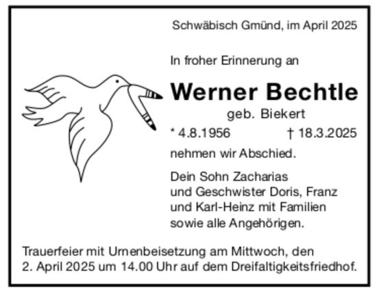Todesanzeige von Werner Bechtle von Trauer.de