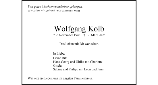 Todesanzeige von Wolfgang Kolb von trauer.de