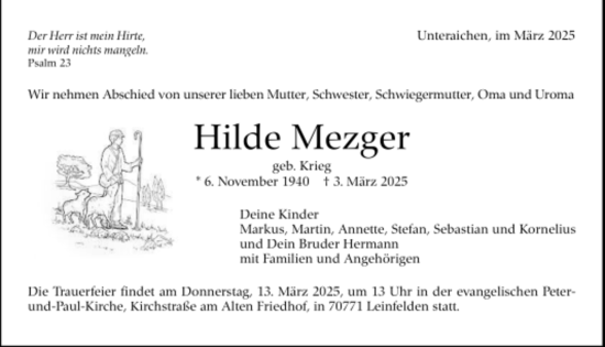 Todesanzeige von Hilde Mezger von Trauer.de