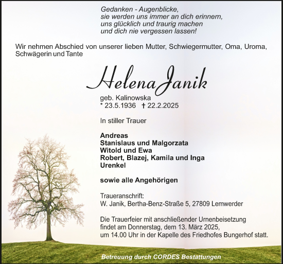 Todesanzeige von Helena Janik von trauer.de