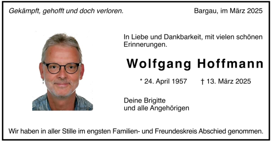 Todesanzeige von Wolfgang Hoffmann von trauer.de