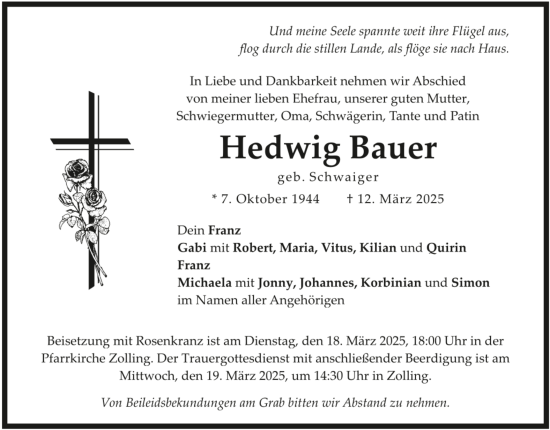 Todesanzeige von Hedwig Bauer von merkurtz
