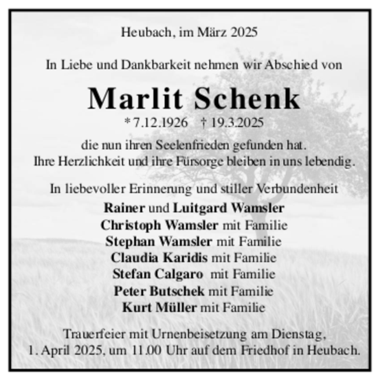 Todesanzeige von Marlit Schenk von Trauer.de