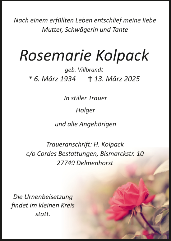 Todesanzeige von Rosemarie Kolpack von Trauer.de