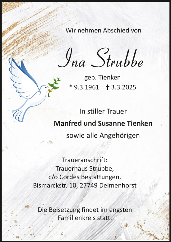 Todesanzeige von Ina Strubbe von Trauer.de