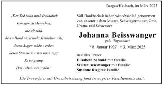 Todesanzeige von Johanna Beisswanger von trauer.de