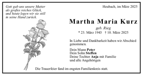 Todesanzeige von Martha Maria Kurz von Trauer.de