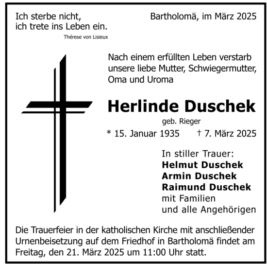 Todesanzeige von Herlinde Duschek von trauer.de