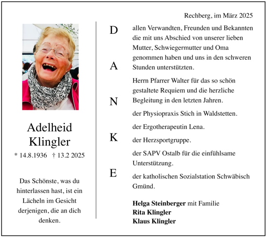Todesanzeige von Adelheid Klingler von trauer.de