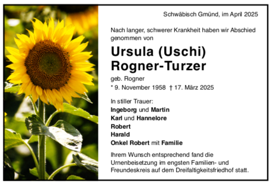 Todesanzeige von Ursula Rogner-Turzer von Trauer.de