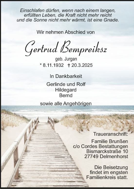 Todesanzeige von Gertrud Bempreiksz von trauer.de