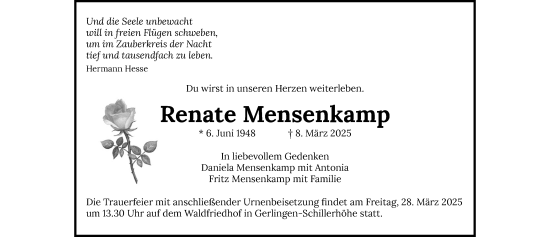 Todesanzeige von Renate Mensenkamp von trauer.de