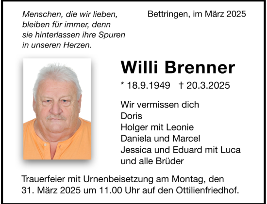 Todesanzeige von Willi Brenner von trauer.de