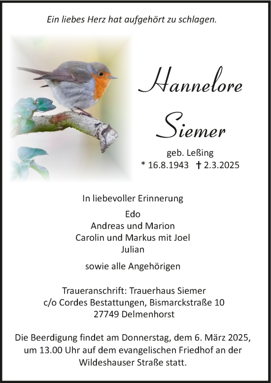 Todesanzeige von Hannelore Siemer 