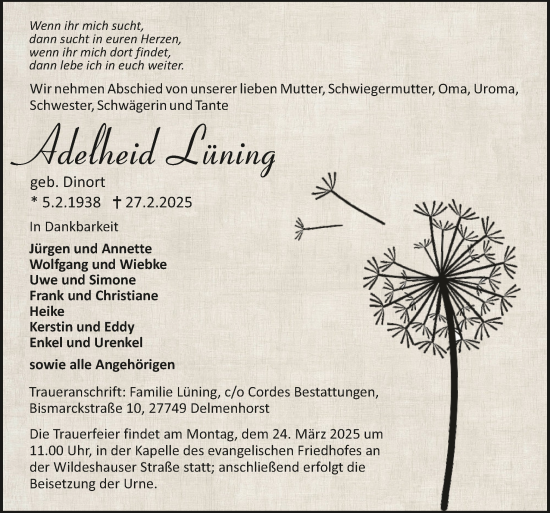 Todesanzeige von Adelheid Lüning von Trauer.de