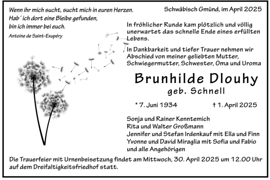 Todesanzeige von Brunhilde Dlouhy von Trauer.de