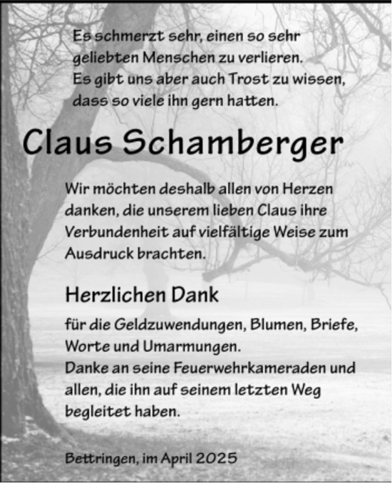 Todesanzeige von Claus Schamberger von trauer.de
