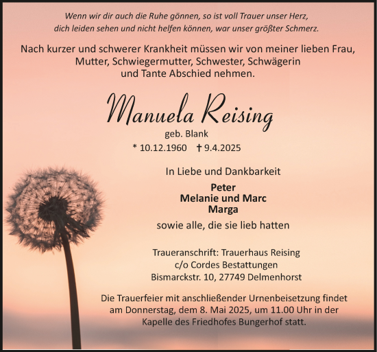 Todesanzeige von Manuela Reising von trauer.de