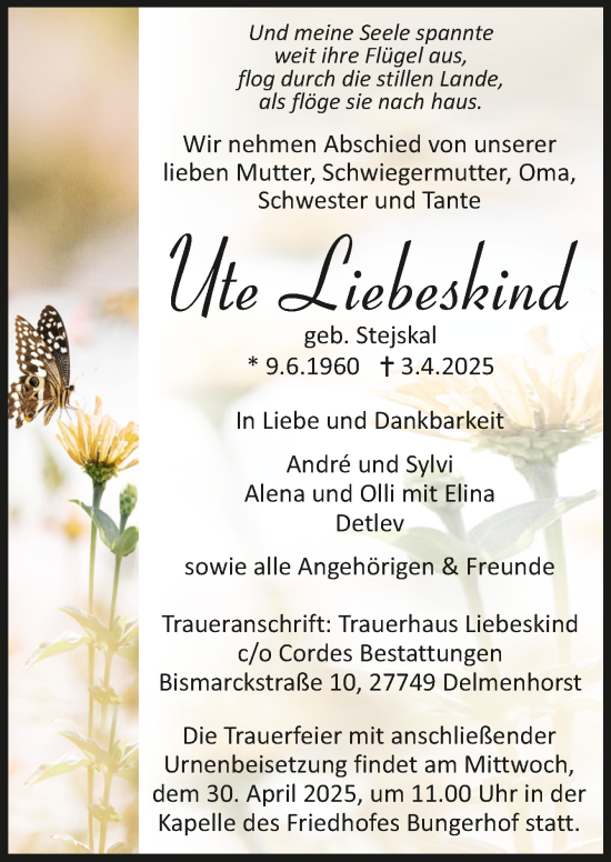 Todesanzeige von Ute Liebeskind von Trauer.de