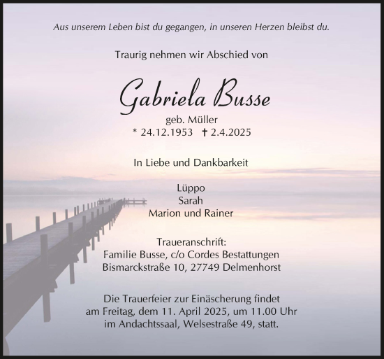 Todesanzeige von Gabriela Busse von trauer.de