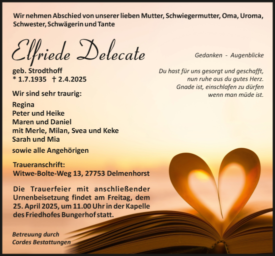 Todesanzeige von Elfriede Delecate von Trauer.de
