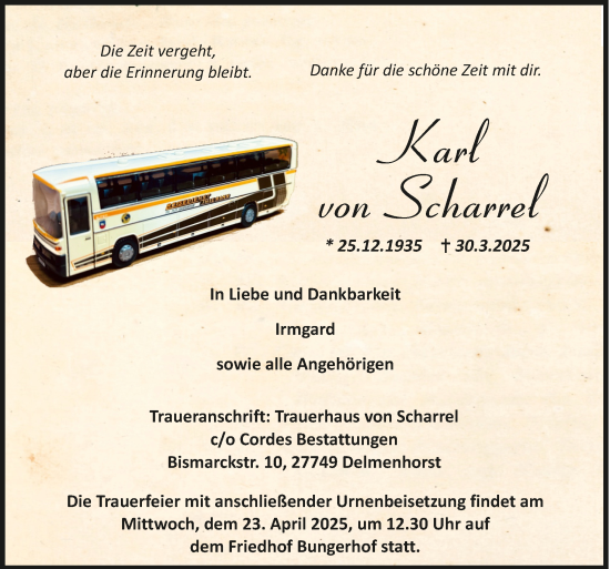 Todesanzeige von Karl von Scharrel von trauer.de